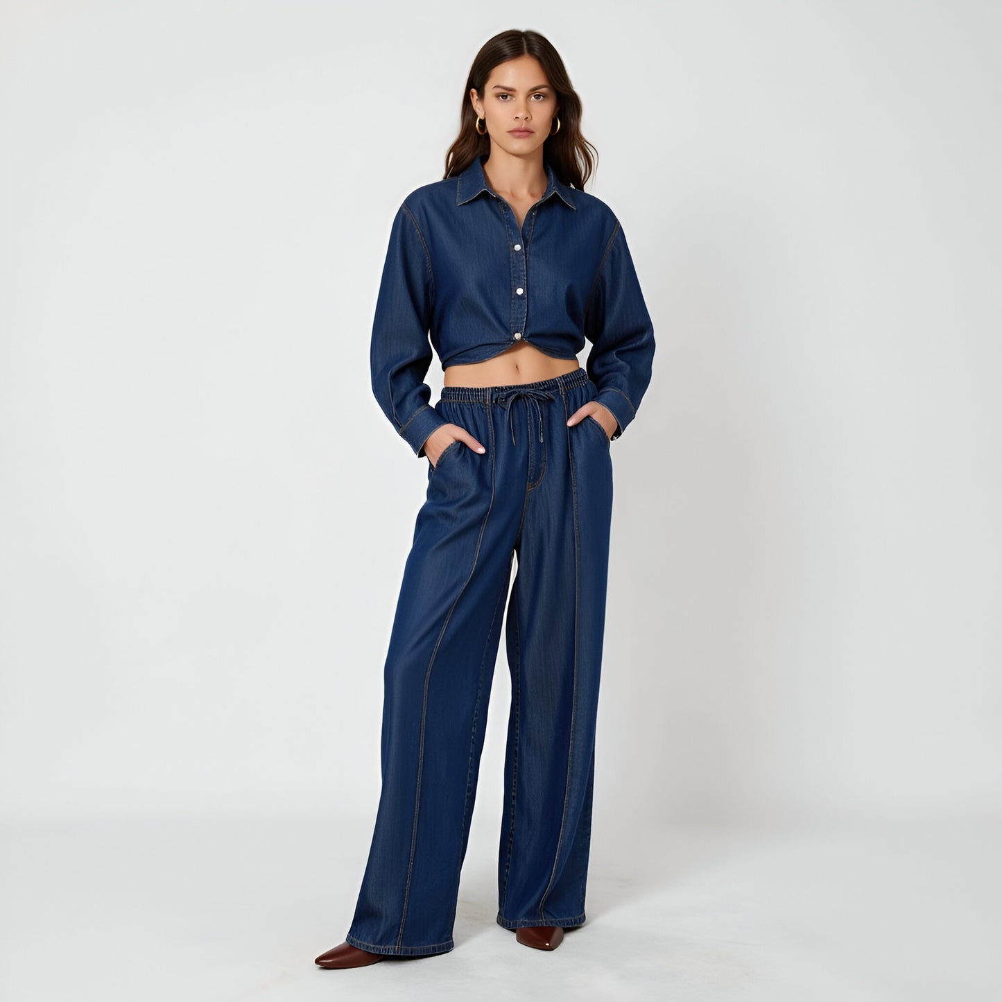 Wide-Leg Denim Pants with Elastic Drawstring Waist and Seam Detailing