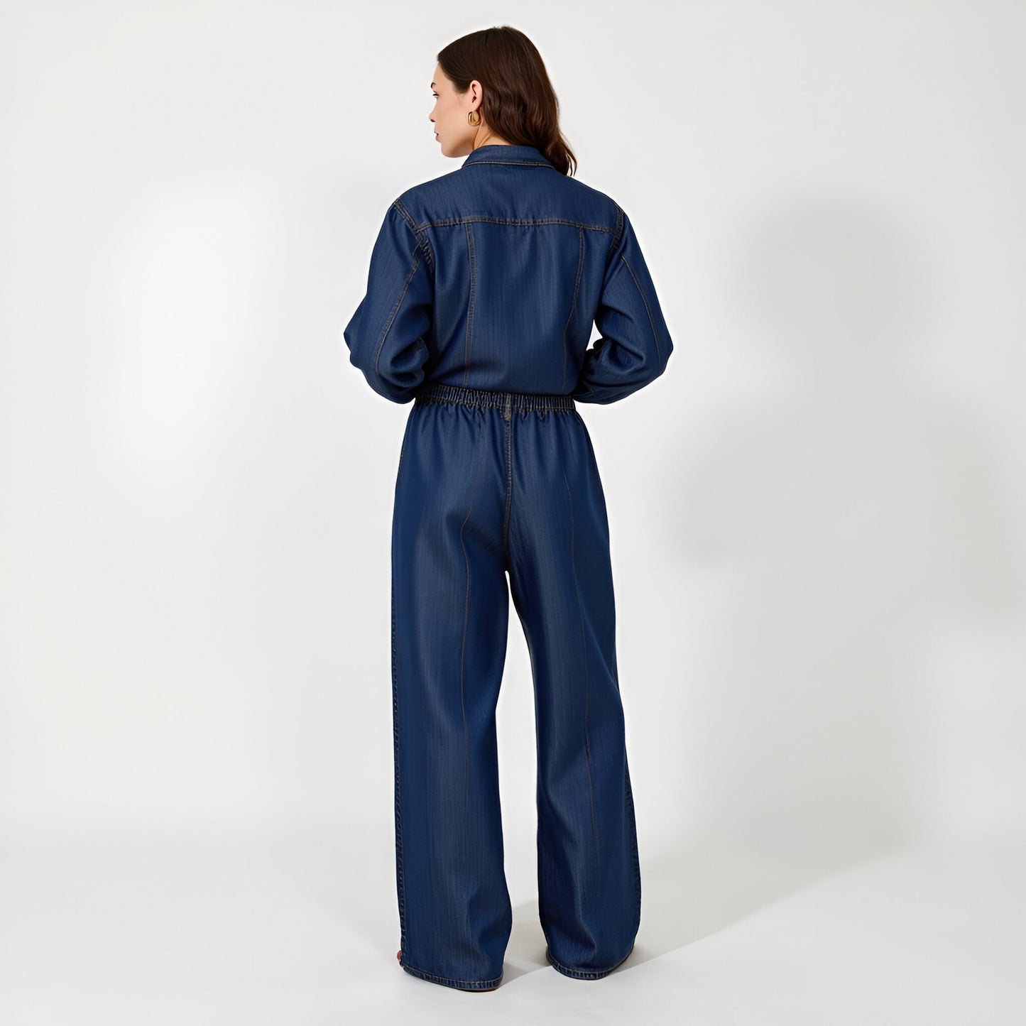 Wide-Leg Denim Pants with Elastic Drawstring Waist and Seam Detailing