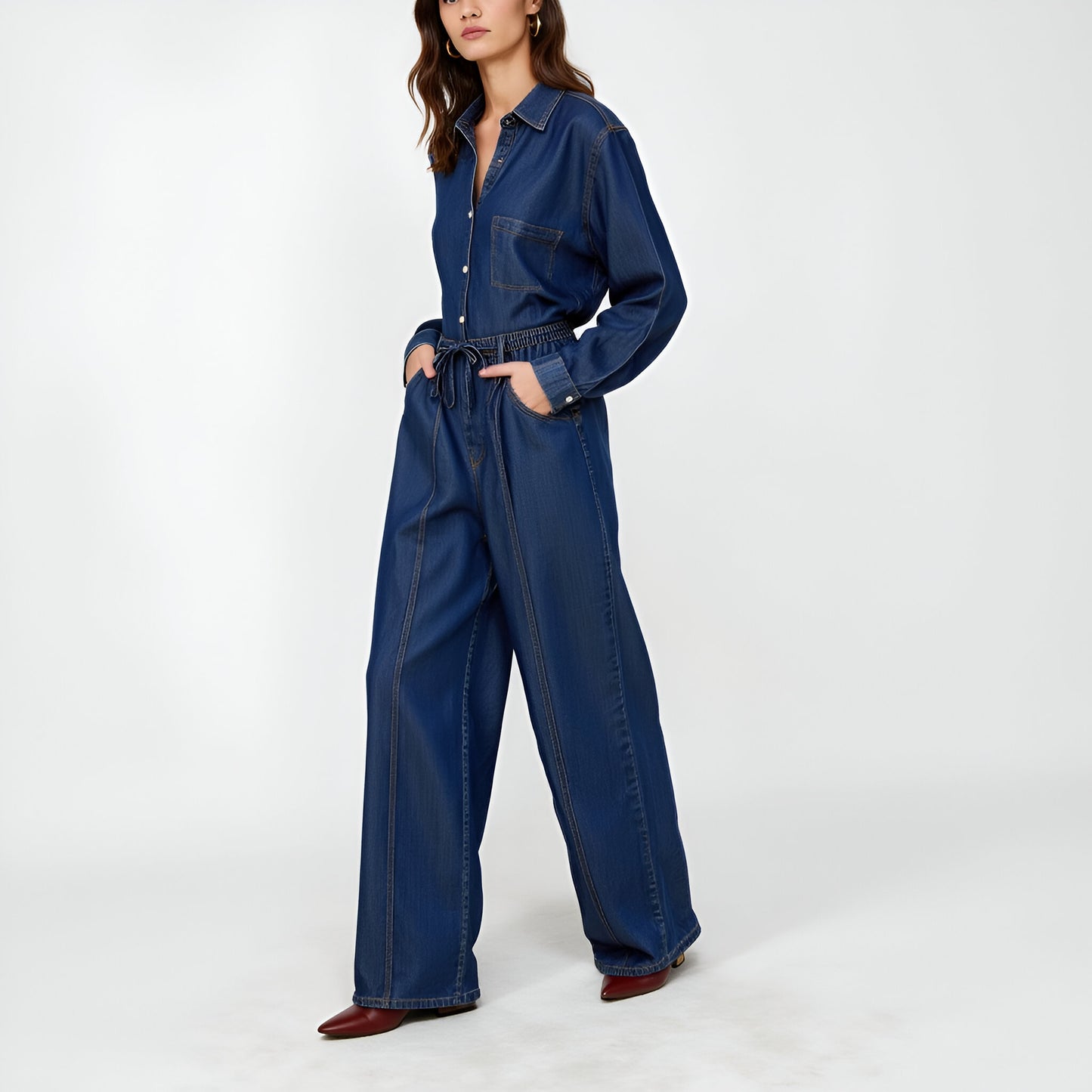Wide-Leg Denim Pants with Elastic Drawstring Waist and Seam Detailing