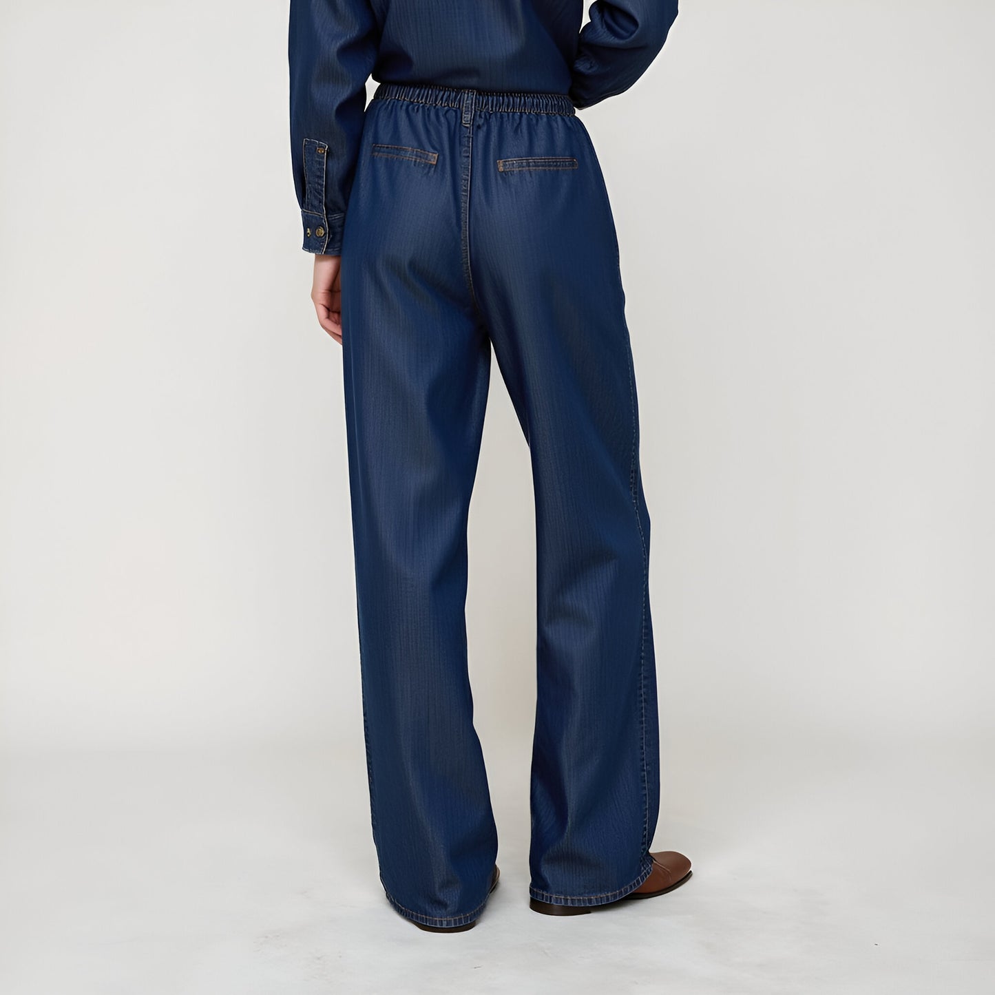 Wide-Leg Denim Pants with Elastic Drawstring Waist and Seam Detailing