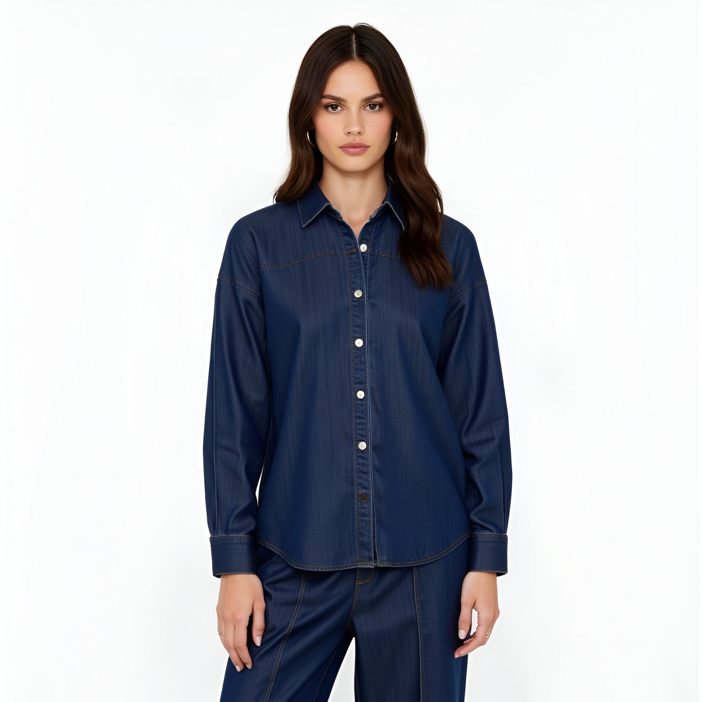 Classic Button-Up Denim Shirt with Contrast Stitching and Long Sleeves