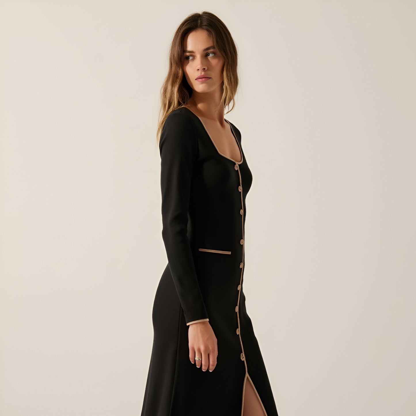 Ribbed Knit Midi Dress with Contrast Trim, Decorative Buttons and Front Slit