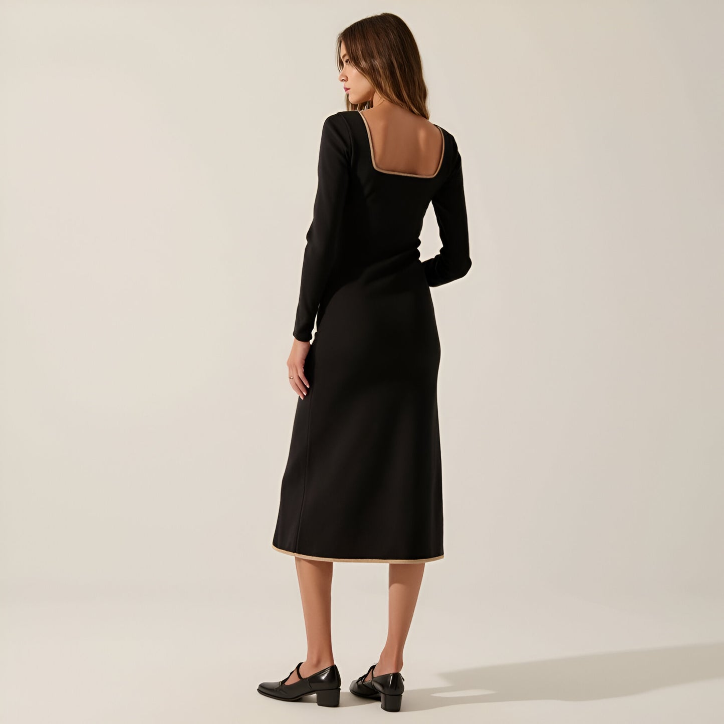 Ribbed Knit Midi Dress with Contrast Trim, Decorative Buttons and Front Slit