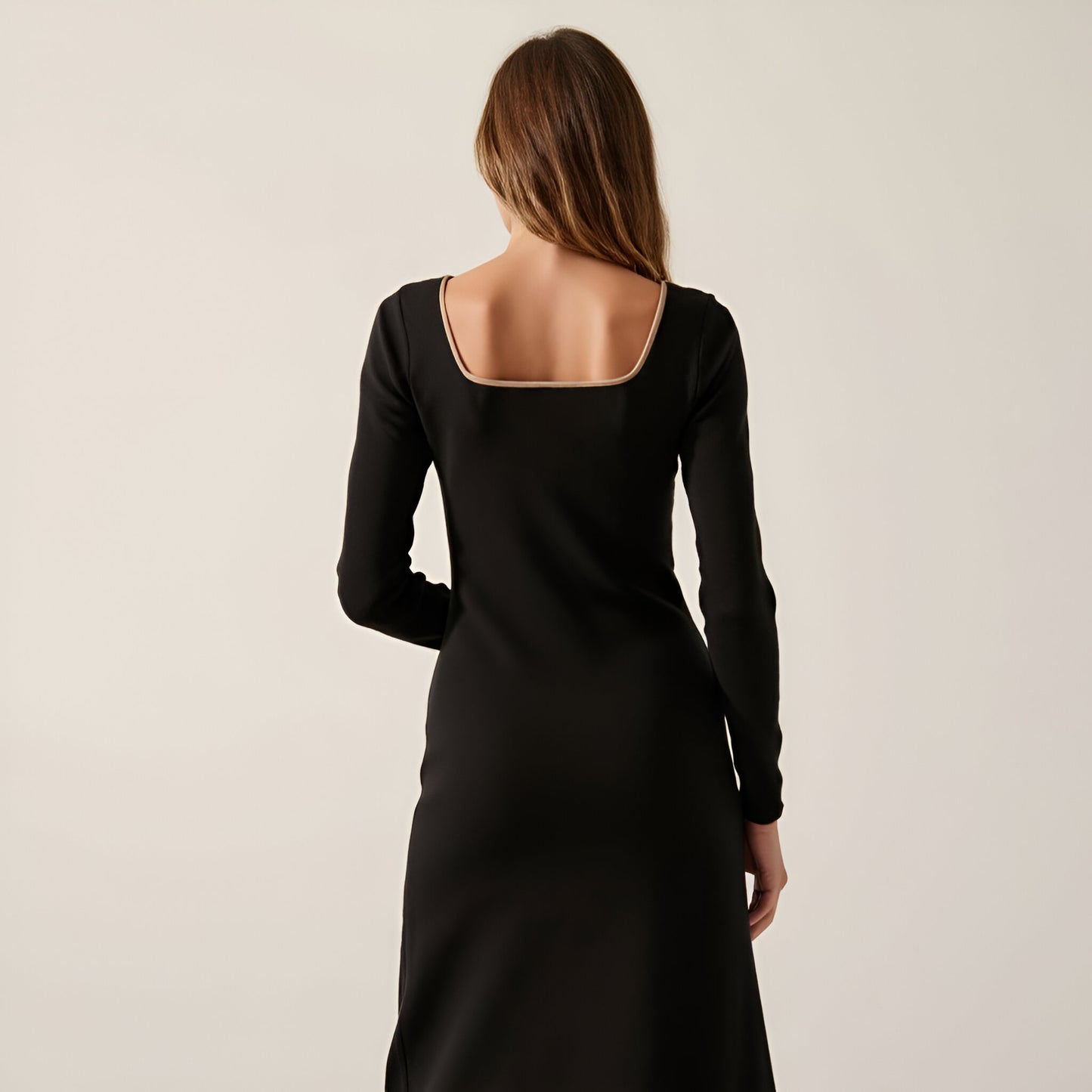 Ribbed Knit Midi Dress with Contrast Trim, Decorative Buttons and Front Slit
