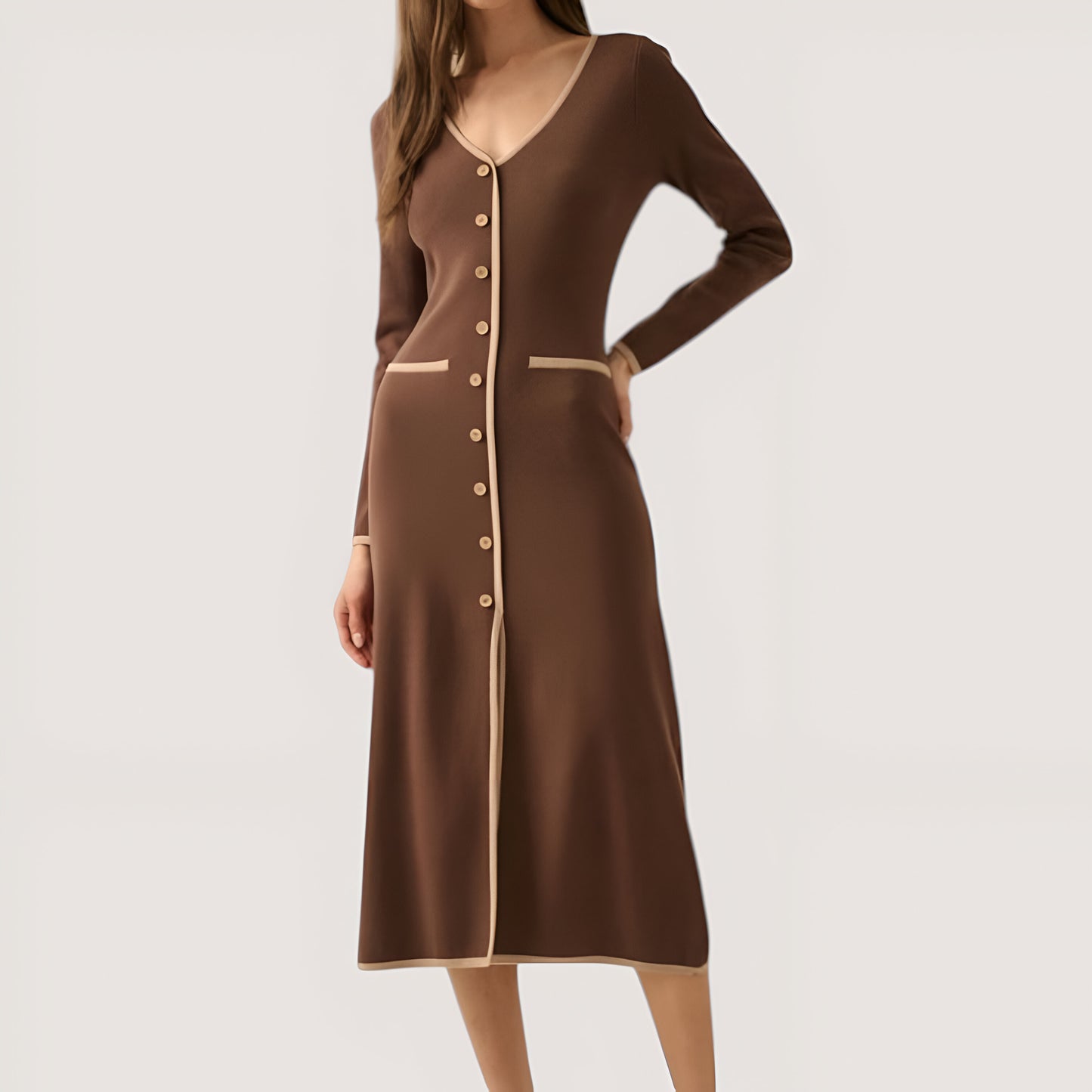 Ribbed Knit Midi Dress with Contrast Trim, Decorative Buttons and Front Slit