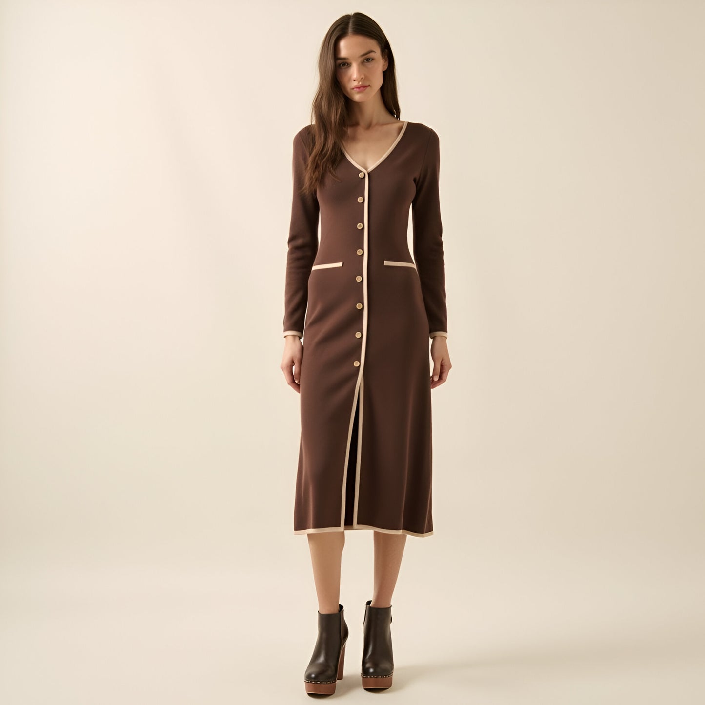 Ribbed Knit Midi Dress with Contrast Trim, Decorative Buttons and Front Slit