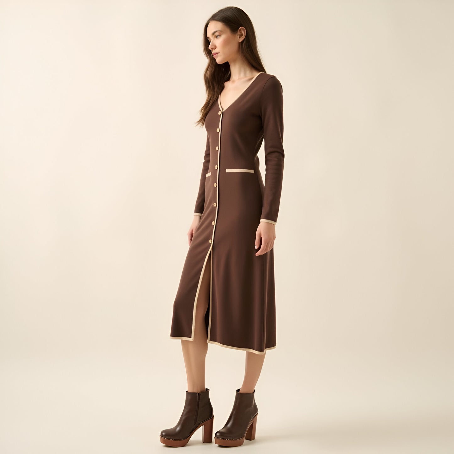 Ribbed Knit Midi Dress with Contrast Trim, Decorative Buttons and Front Slit