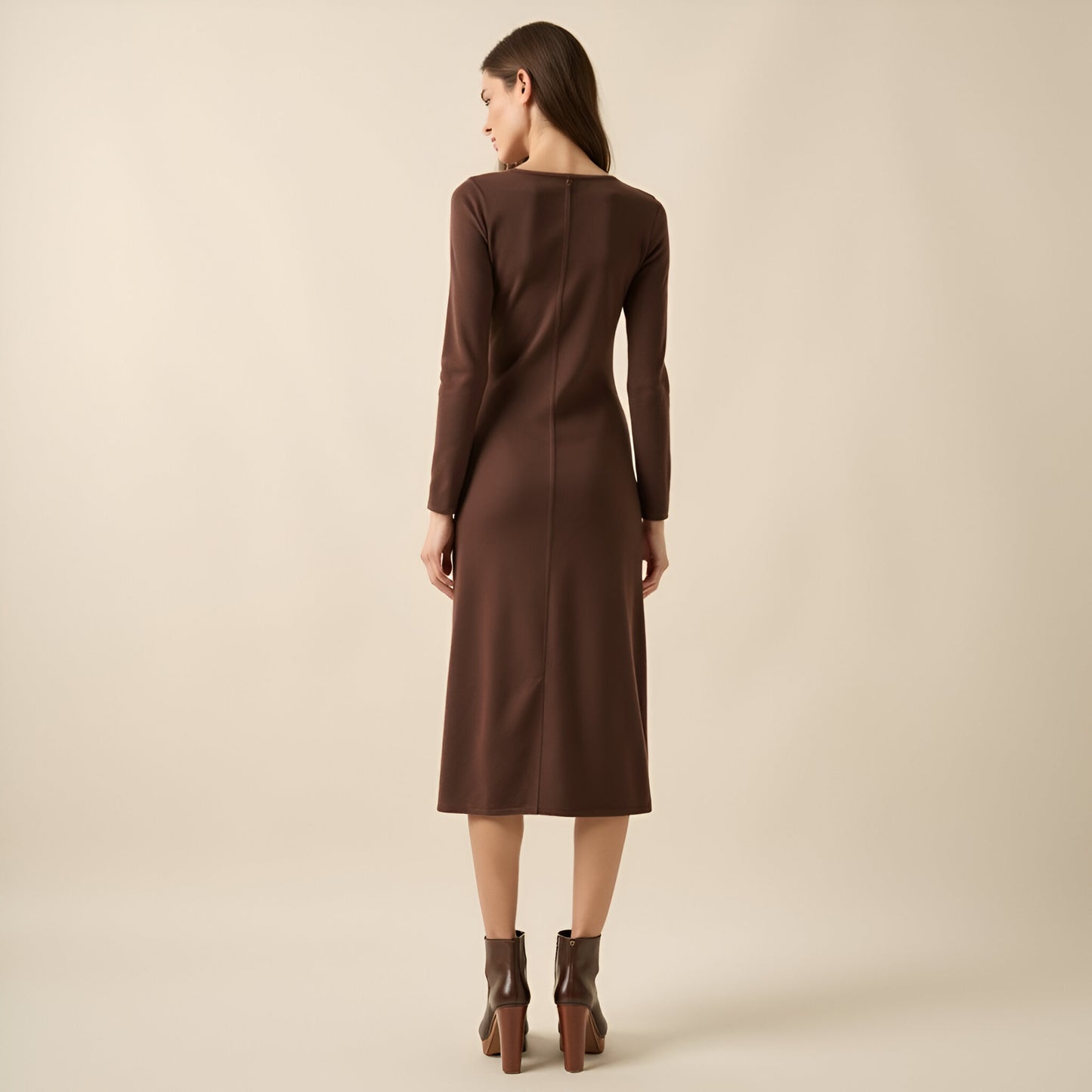 Ribbed Knit Midi Dress with Contrast Trim, Decorative Buttons and Front Slit