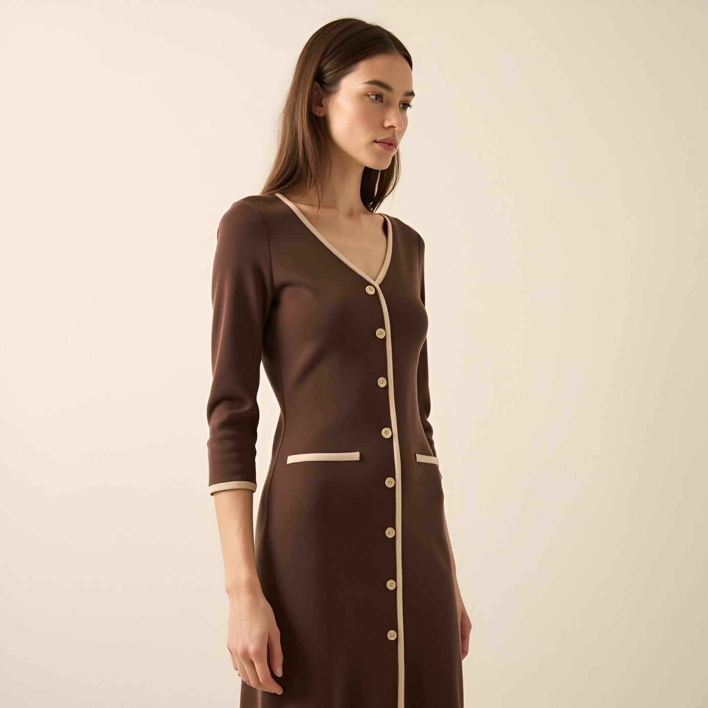 Ribbed Knit Midi Dress with Contrast Trim, Decorative Buttons and Front Slit