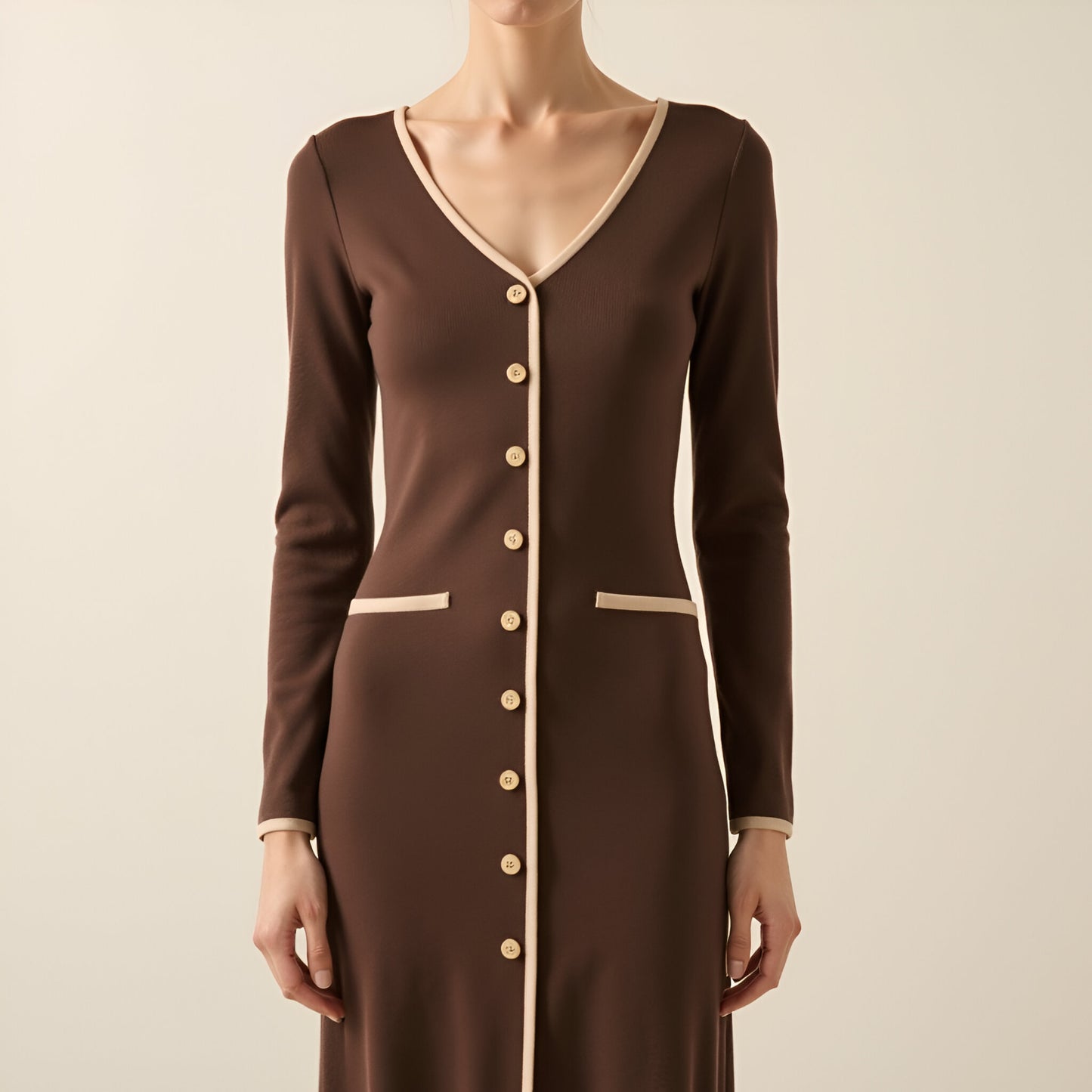Ribbed Knit Midi Dress with Contrast Trim, Decorative Buttons and Front Slit