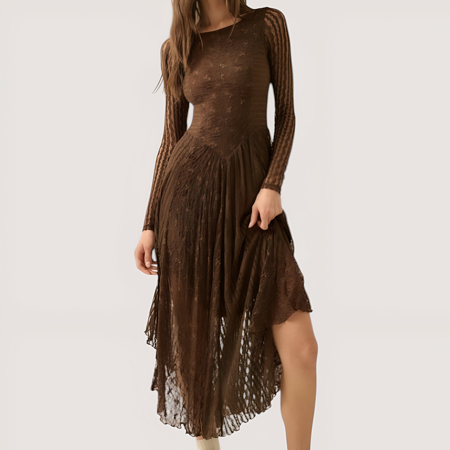 Lace Midi Dress with Boat Neckline, Drop Waist and Mixed Lace Panels