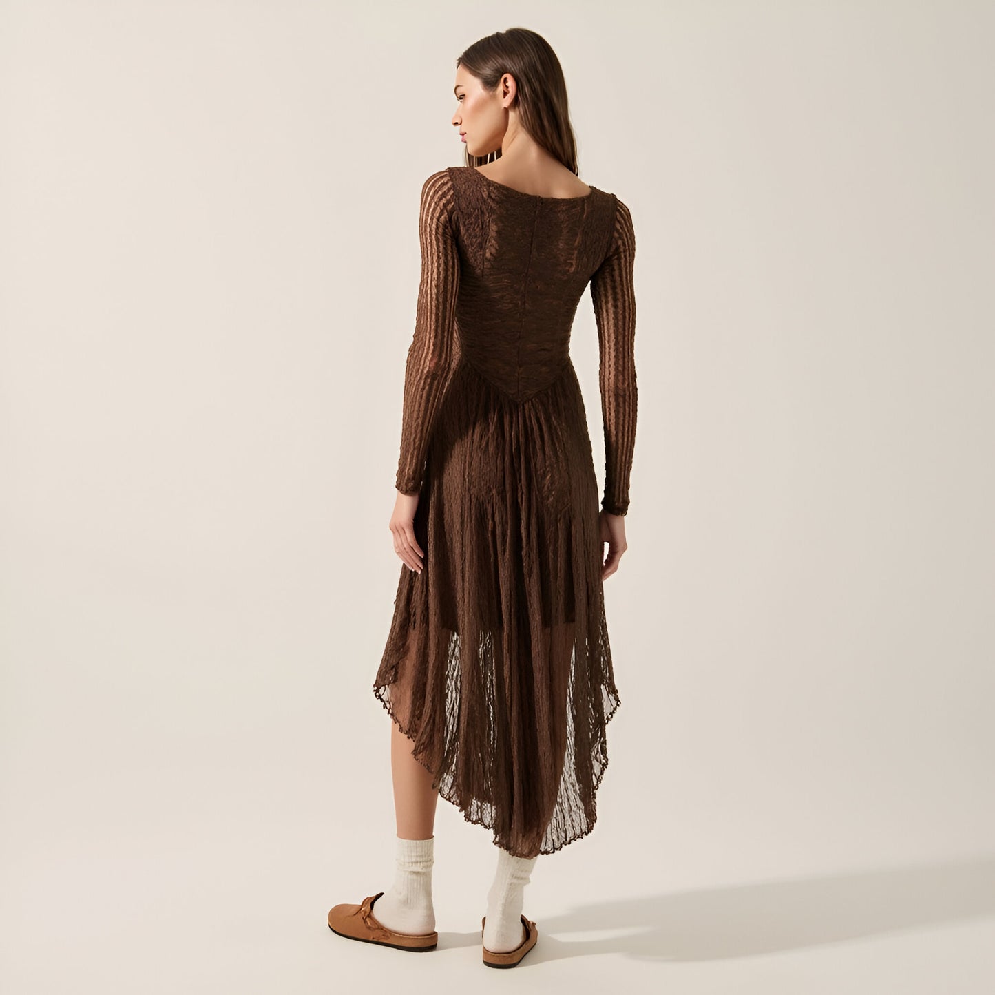 Lace Midi Dress with Boat Neckline, Drop Waist and Mixed Lace Panels