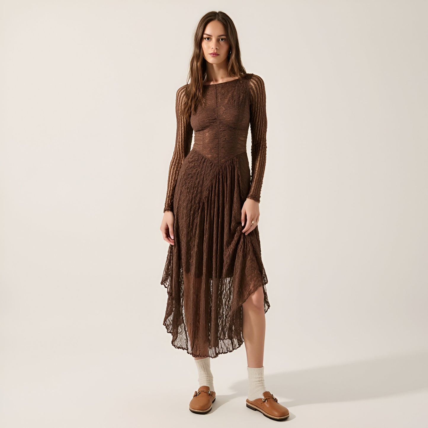 Lace Midi Dress with Boat Neckline, Drop Waist and Mixed Lace Panels