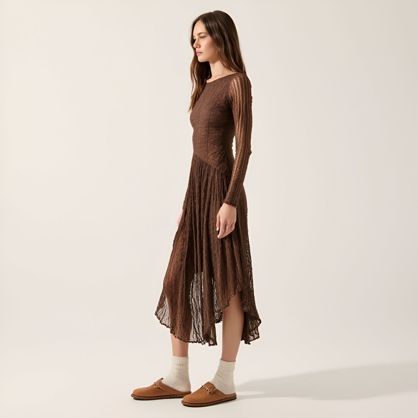 Lace Midi Dress with Boat Neckline, Drop Waist and Mixed Lace Panels