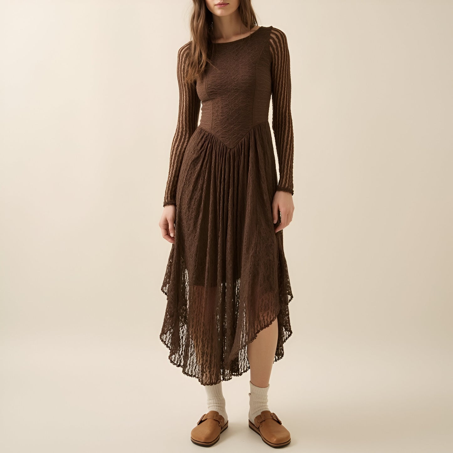 Lace Midi Dress with Boat Neckline, Drop Waist and Mixed Lace Panels