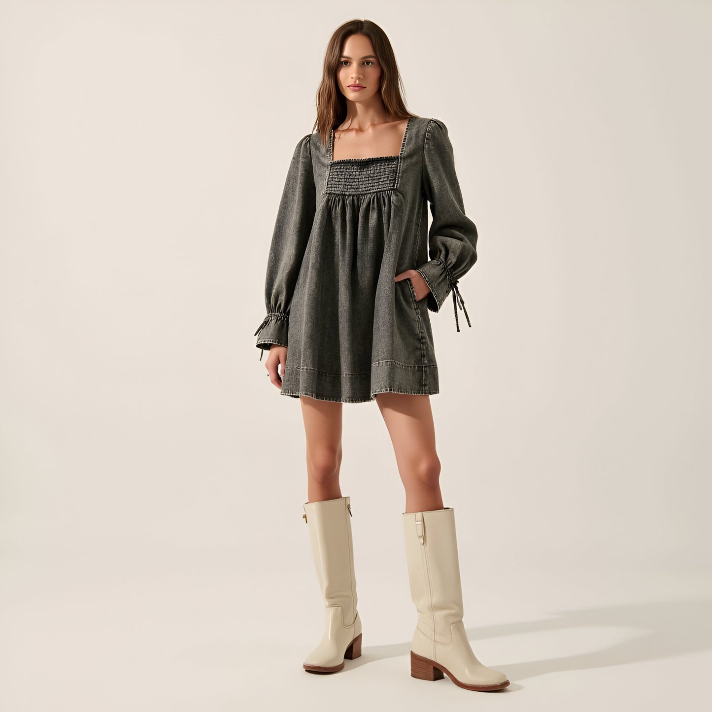 Solid Denim Mini Dress with Square Neckline, Smocked Bodice and Puff Sleeves