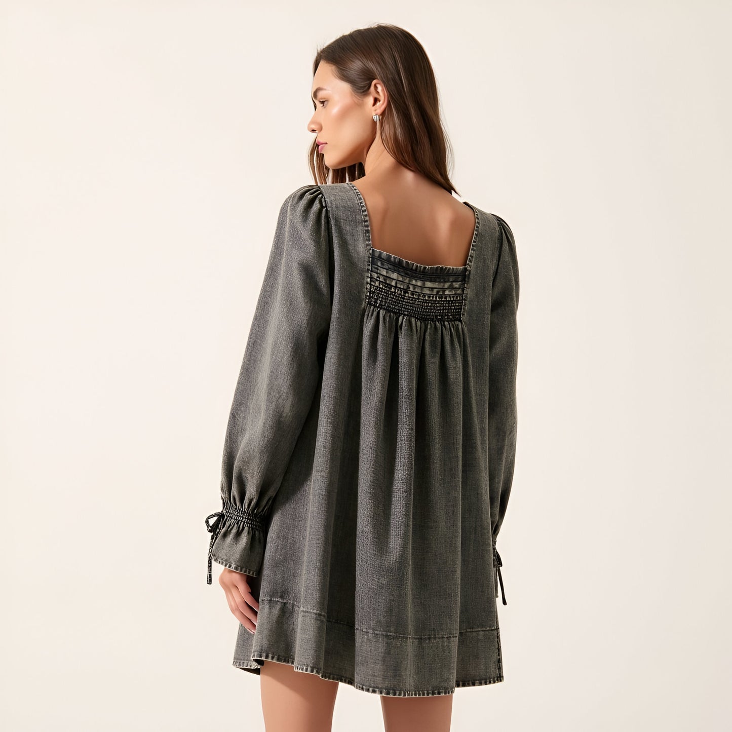 Solid Denim Mini Dress with Square Neckline, Smocked Bodice and Puff Sleeves