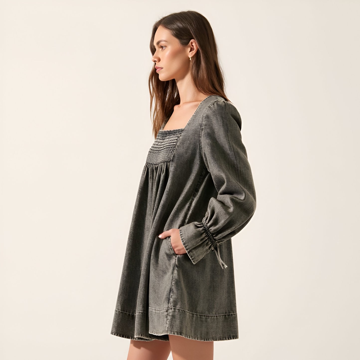 Solid Denim Mini Dress with Square Neckline, Smocked Bodice and Puff Sleeves