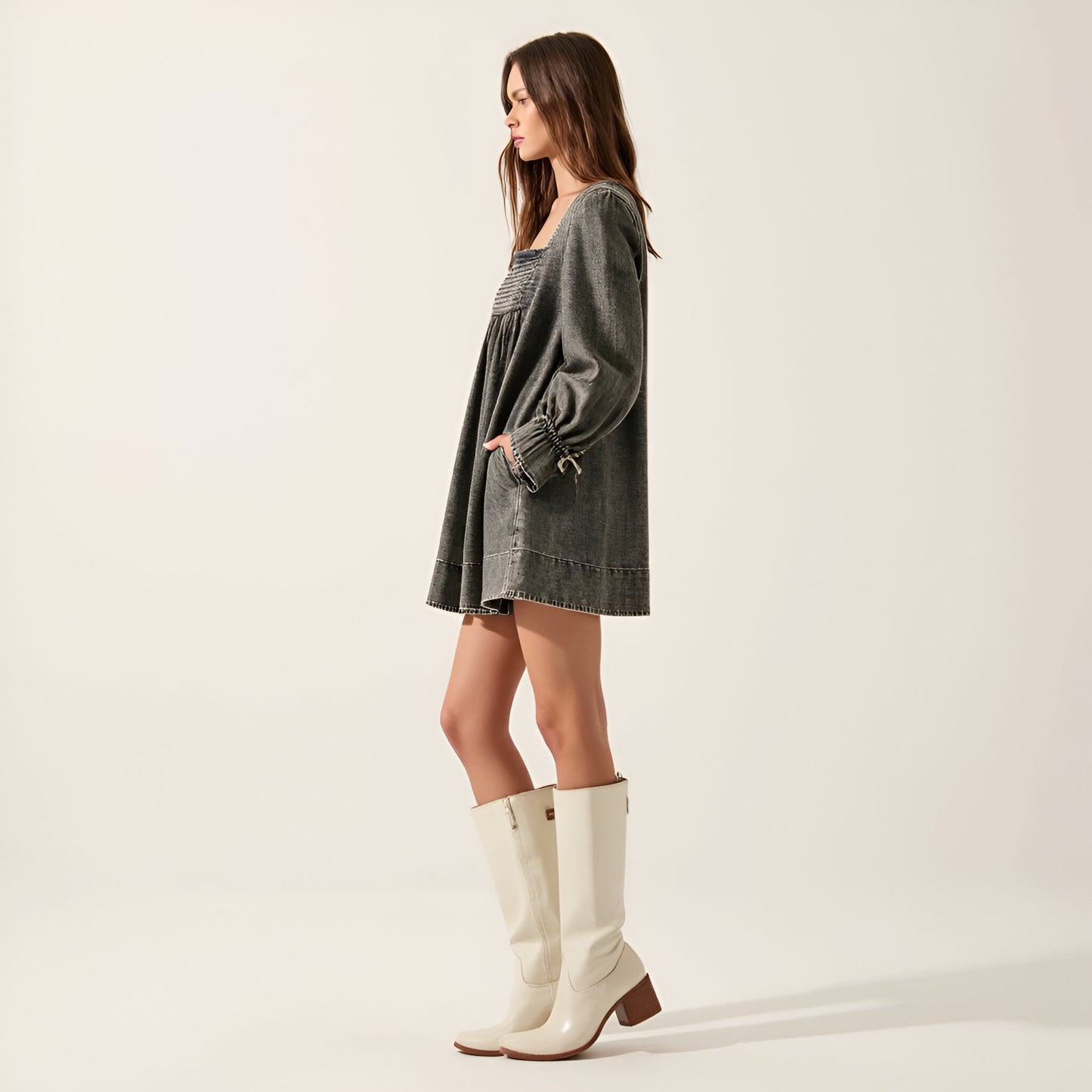 Solid Denim Mini Dress with Square Neckline, Smocked Bodice and Puff Sleeves
