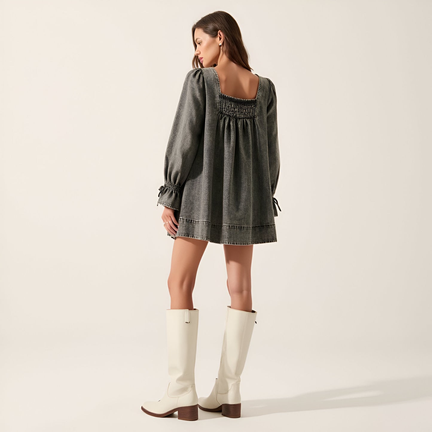 Solid Denim Mini Dress with Square Neckline, Smocked Bodice and Puff Sleeves