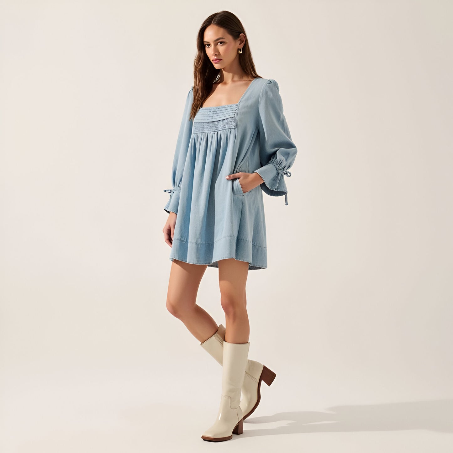 Solid Denim Mini Dress with Square Neckline, Smocked Bodice and Puff Sleeves