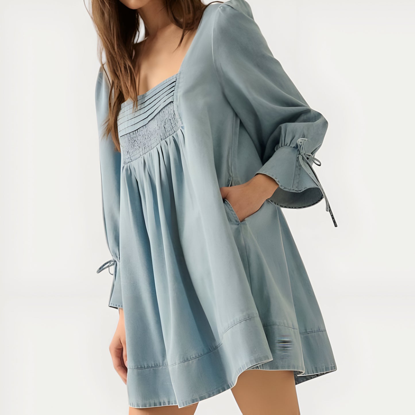 Solid Denim Mini Dress with Square Neckline, Smocked Bodice and Puff Sleeves