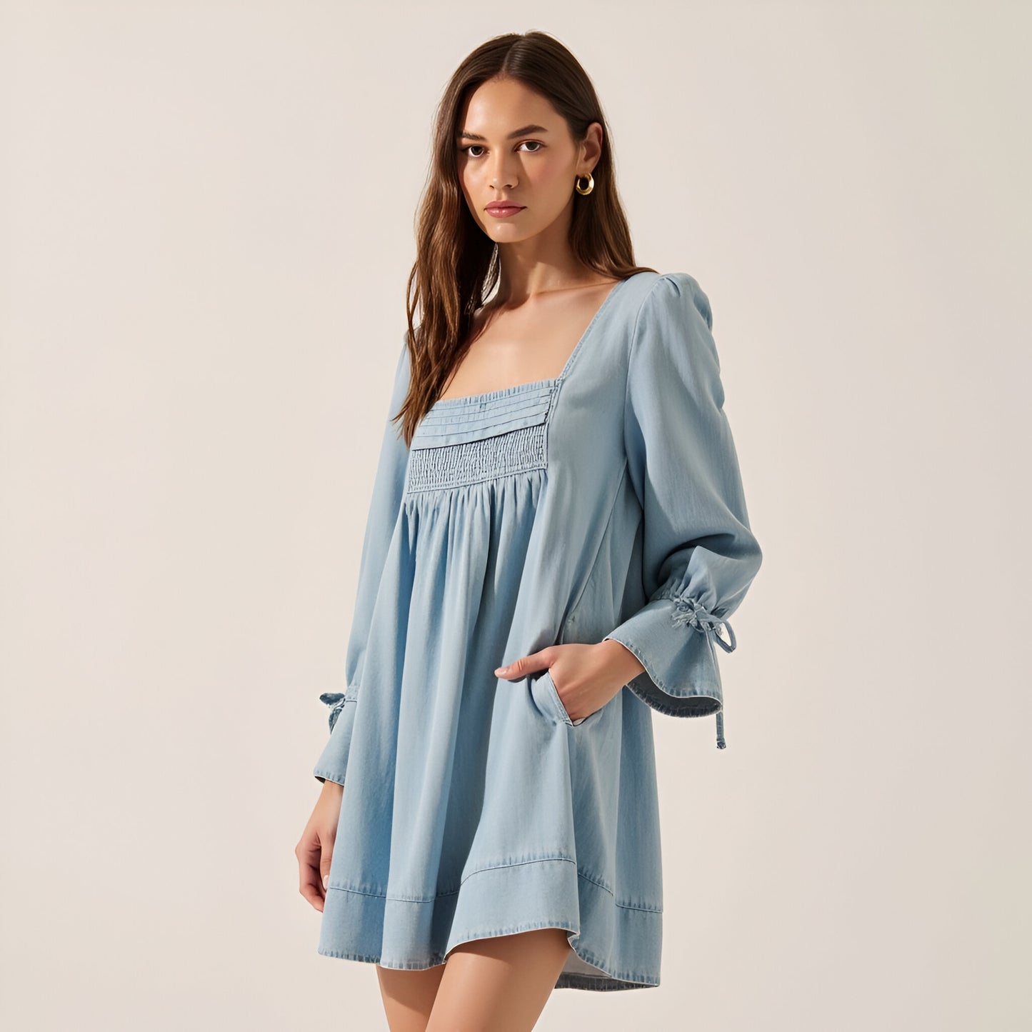 Solid Denim Mini Dress with Square Neckline, Smocked Bodice and Puff Sleeves