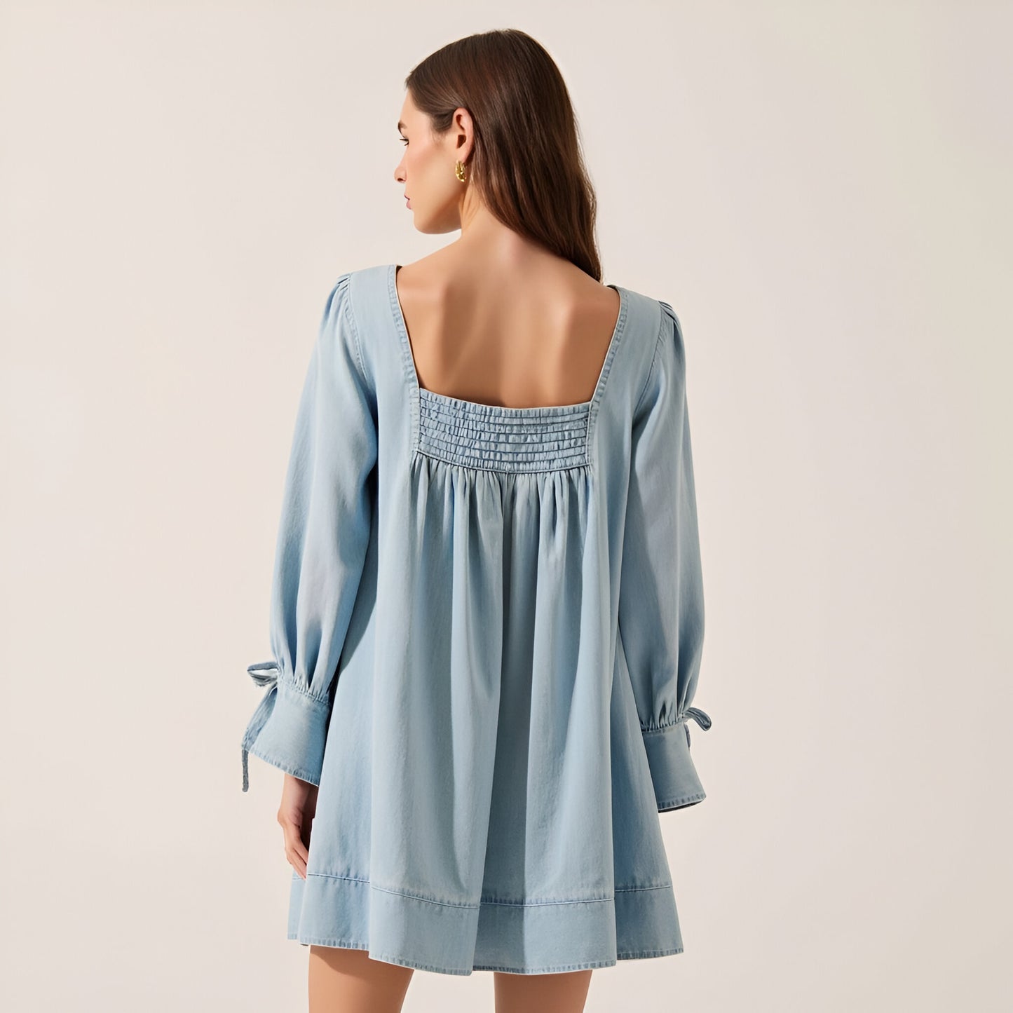 Solid Denim Mini Dress with Square Neckline, Smocked Bodice and Puff Sleeves