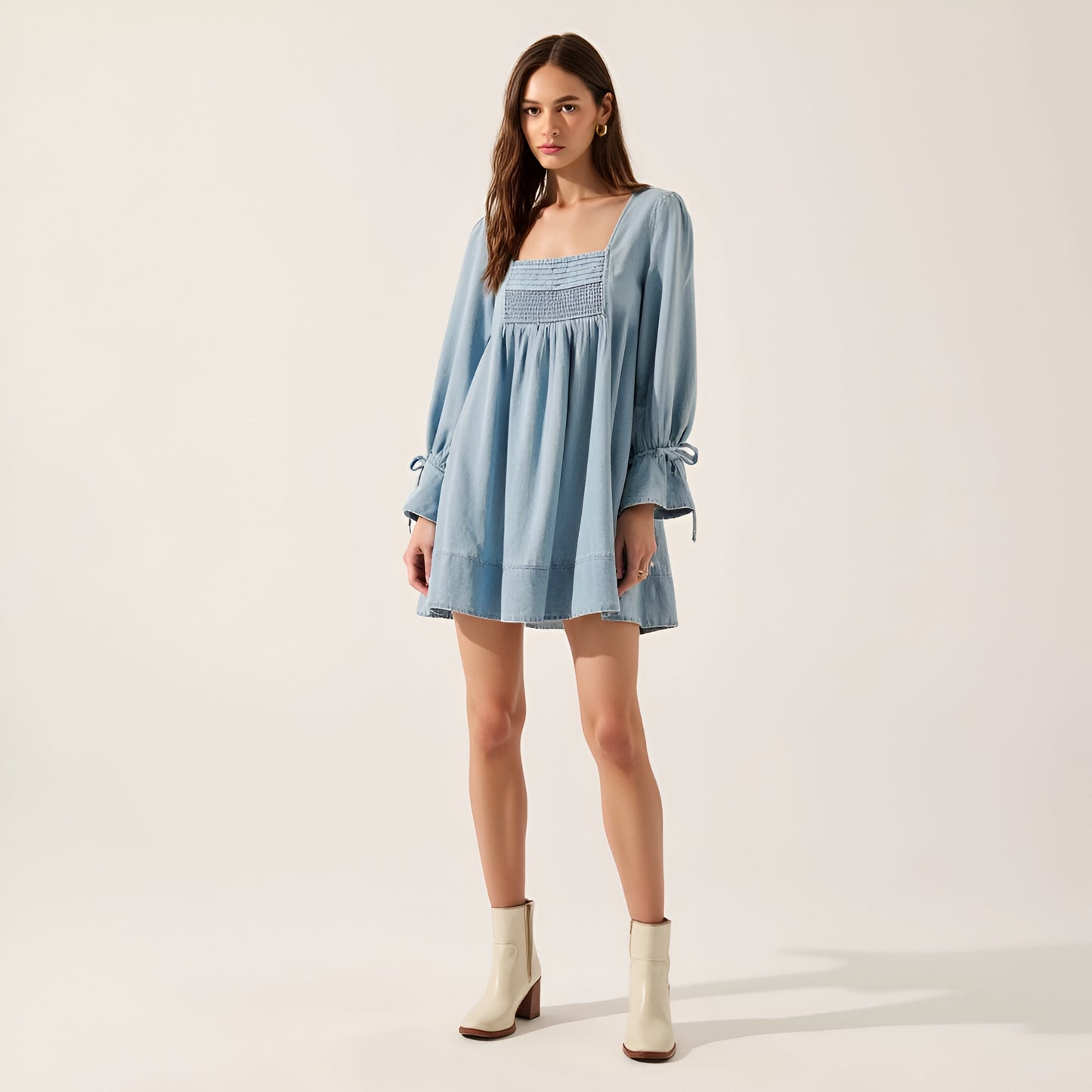 Solid Denim Mini Dress with Square Neckline, Smocked Bodice and Puff Sleeves