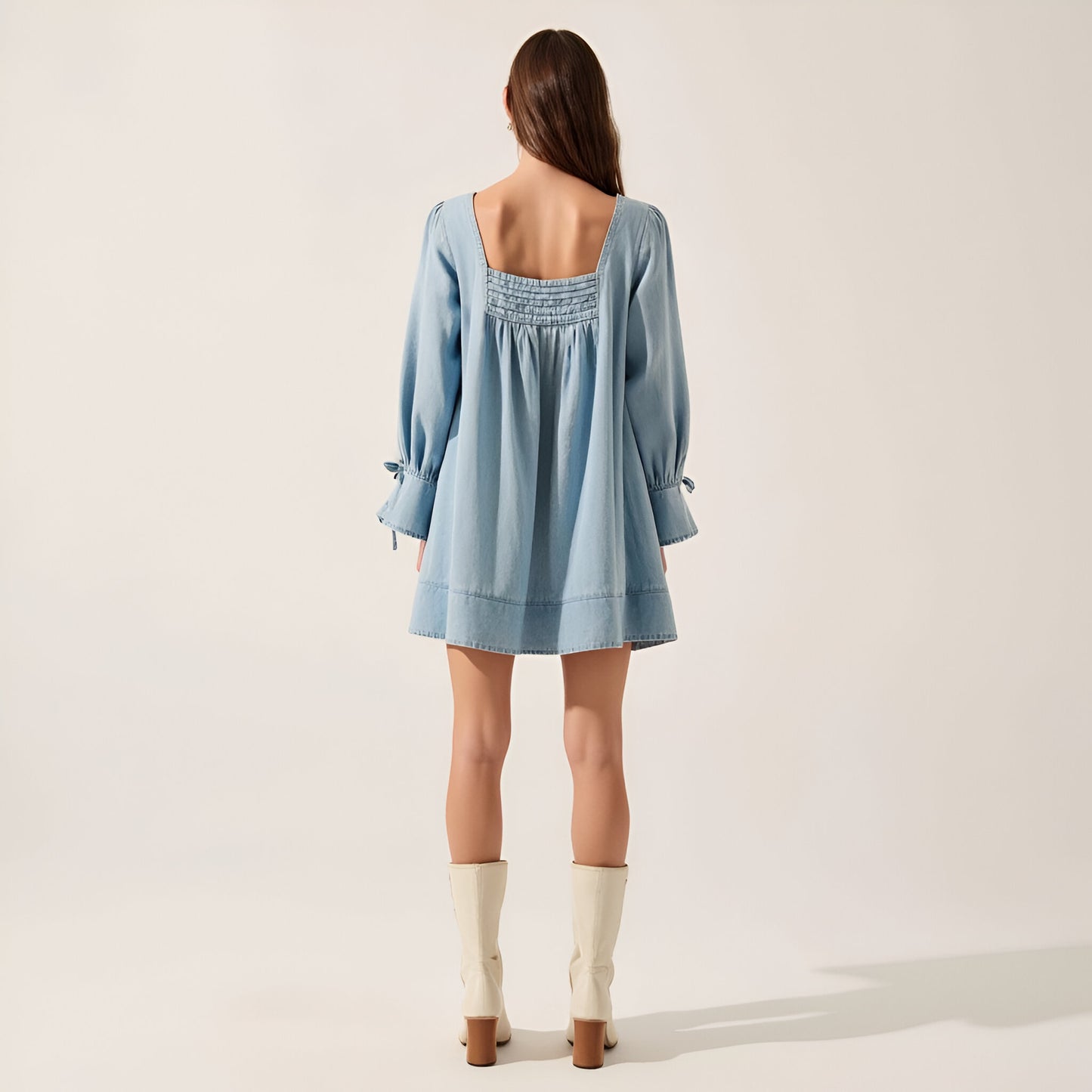 Solid Denim Mini Dress with Square Neckline, Smocked Bodice and Puff Sleeves