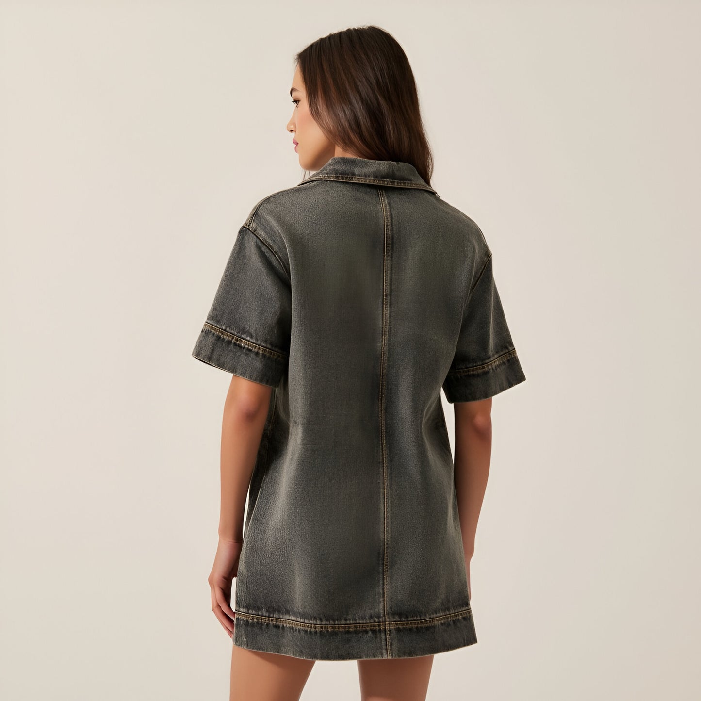 Solid Denim Mini Shirt Dress with Collared V-Neck, Short Sleeves and Chest Flap Pockets