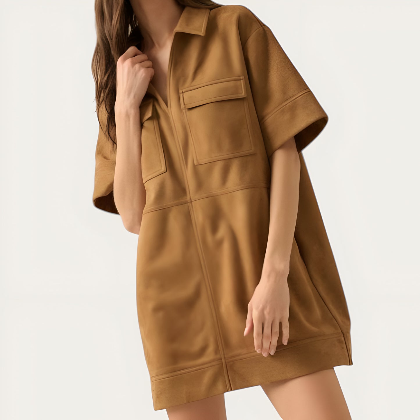 Faux Suede Mini Shirt Dress with Collared V-Neck, Short Sleeves and Chest Flap Pockets