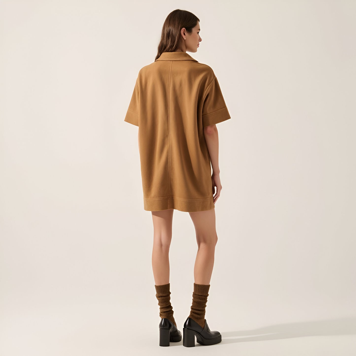 Faux Suede Mini Shirt Dress with Collared V-Neck, Short Sleeves and Chest Flap Pockets