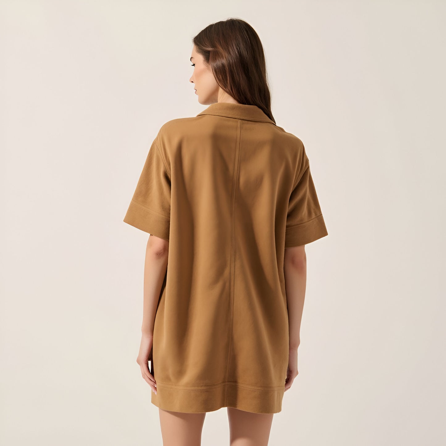 Faux Suede Mini Shirt Dress with Collared V-Neck, Short Sleeves and Chest Flap Pockets