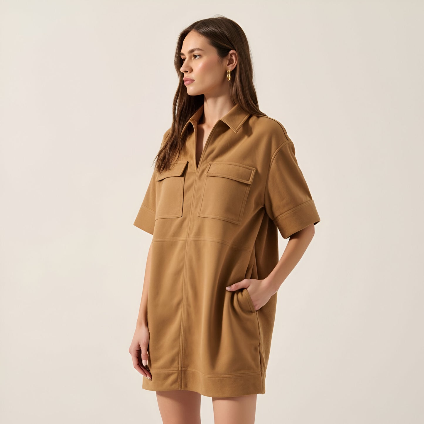 Faux Suede Mini Shirt Dress with Collared V-Neck, Short Sleeves and Chest Flap Pockets