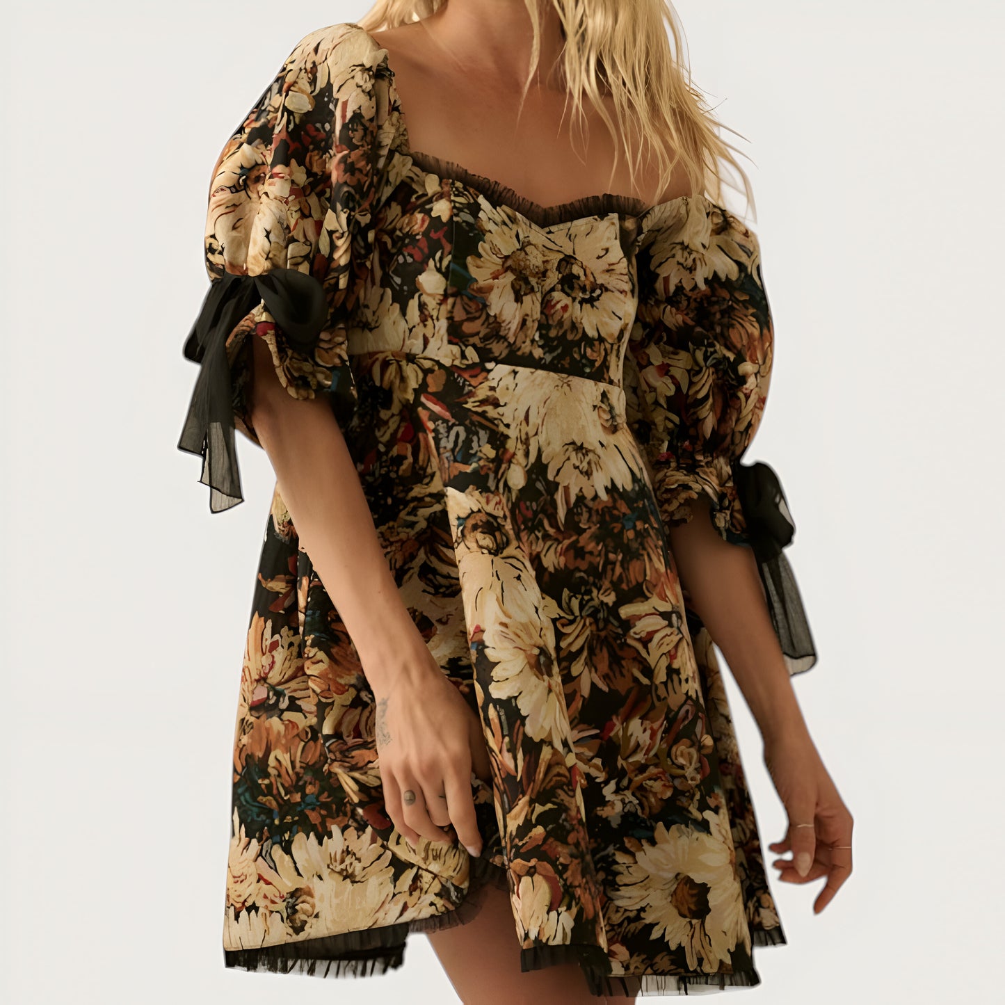 Floral Jacquard Mini Dress with Chiffon Ruffle Trim, Puff Sleeves and Bow Accents
