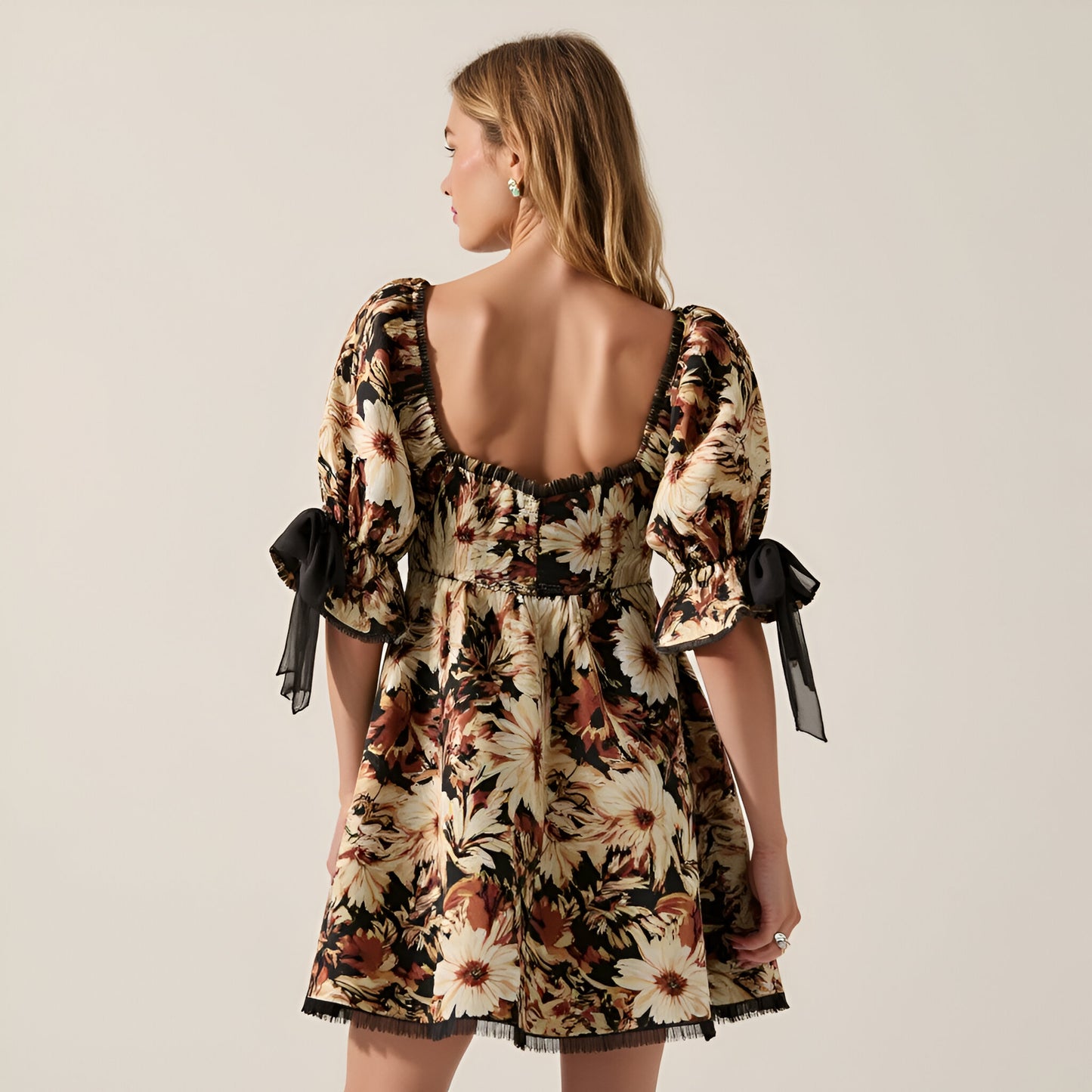 Floral Jacquard Mini Dress with Chiffon Ruffle Trim, Puff Sleeves and Bow Accents