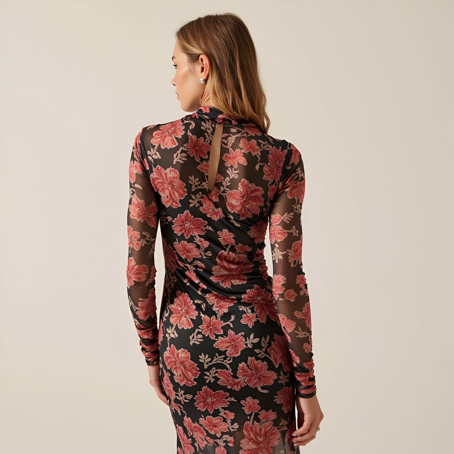 Ornate Floral Mesh Maxi Dress with Mock Neck, Thumbhole Cuffs and Lettuce-Edge Finish