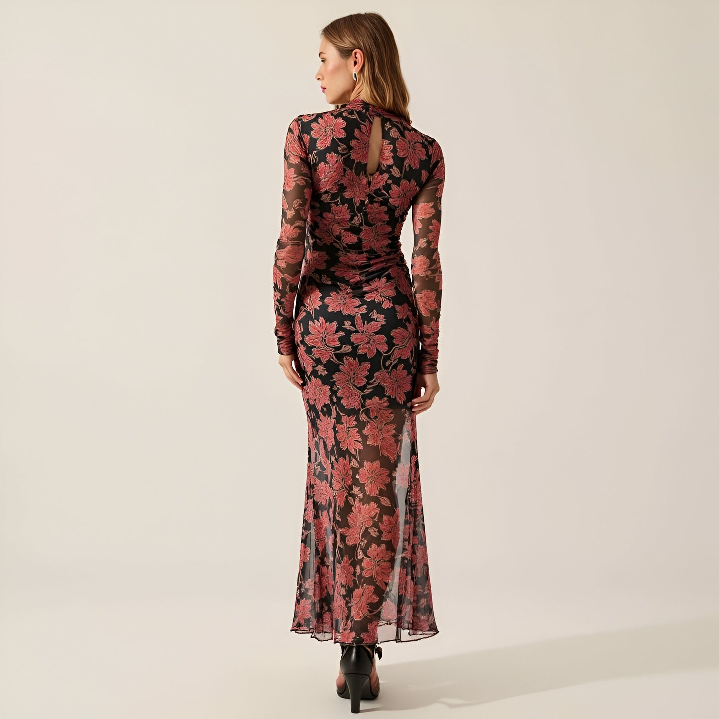 Ornate Floral Mesh Maxi Dress with Mock Neck, Thumbhole Cuffs and Lettuce-Edge Finish
