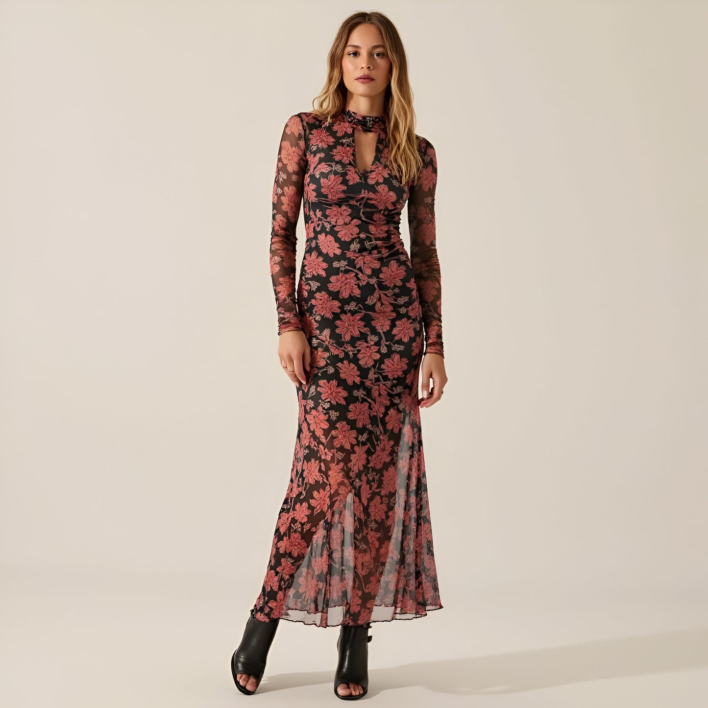 Ornate Floral Mesh Maxi Dress with Mock Neck, Thumbhole Cuffs and Lettuce-Edge Finish