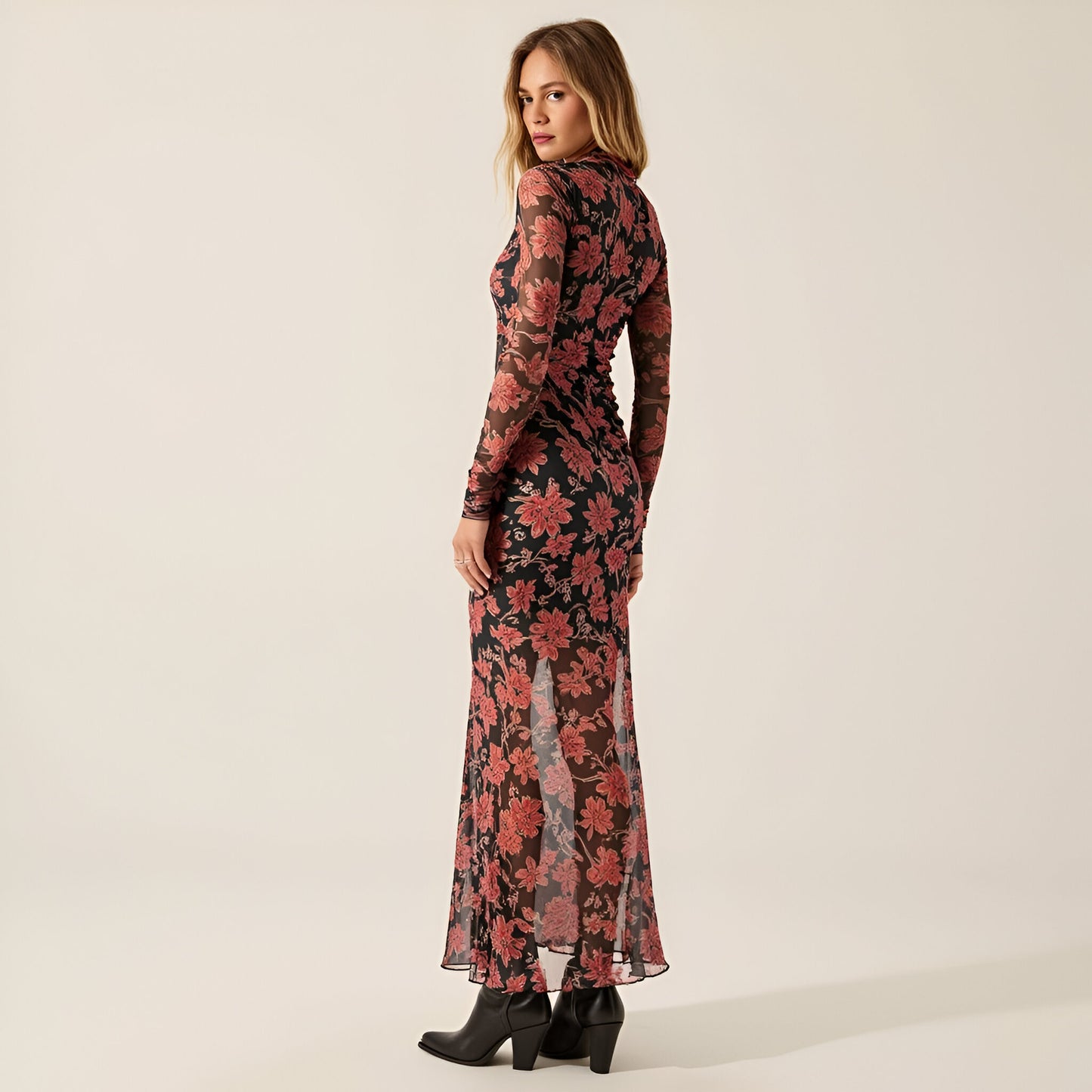 Ornate Floral Mesh Maxi Dress with Mock Neck, Thumbhole Cuffs and Lettuce-Edge Finish