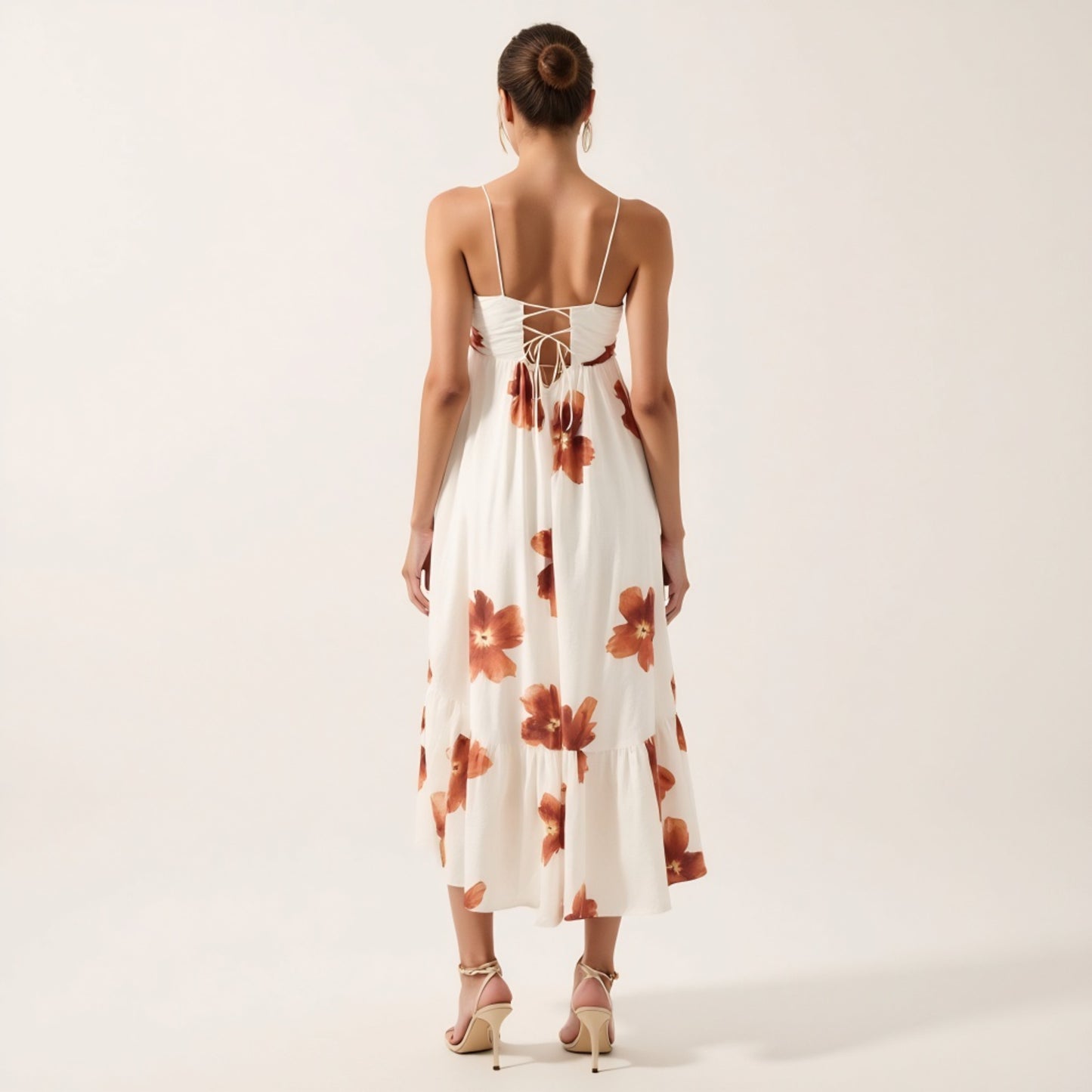 Strappy High Low Dress with Watercolor Floral Print and Smocked Back