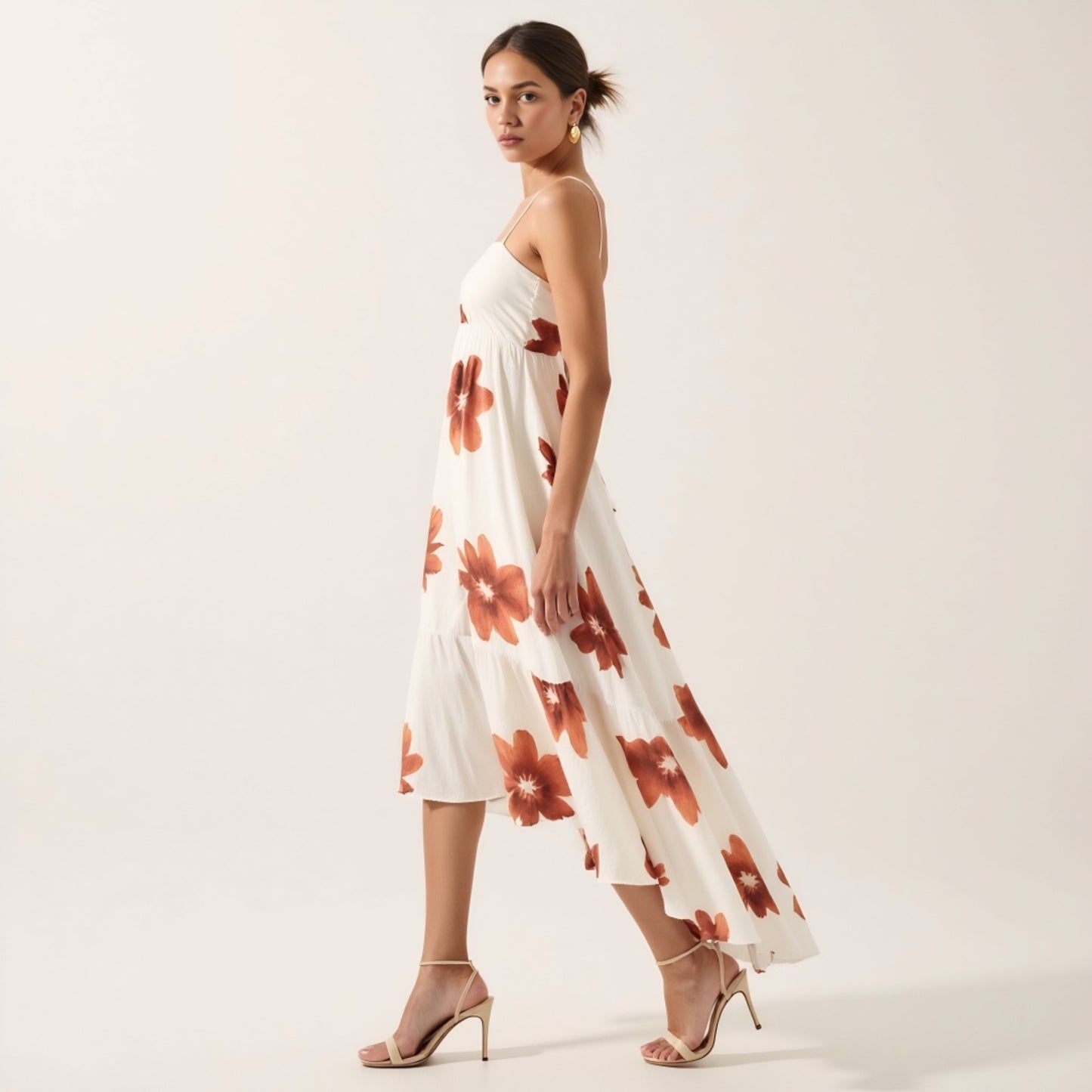 Strappy High Low Dress with Watercolor Floral Print and Smocked Back