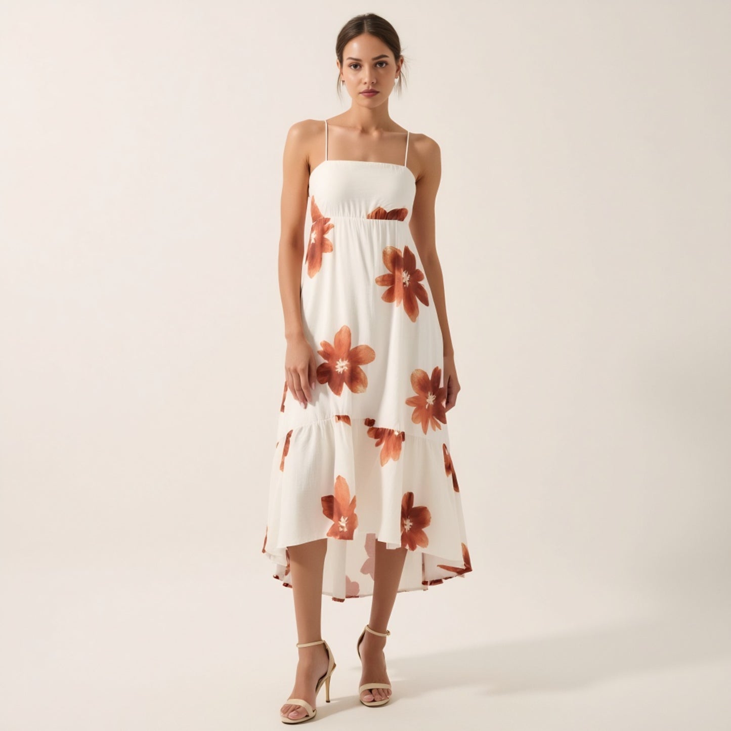 Strappy High Low Dress with Watercolor Floral Print and Smocked Back