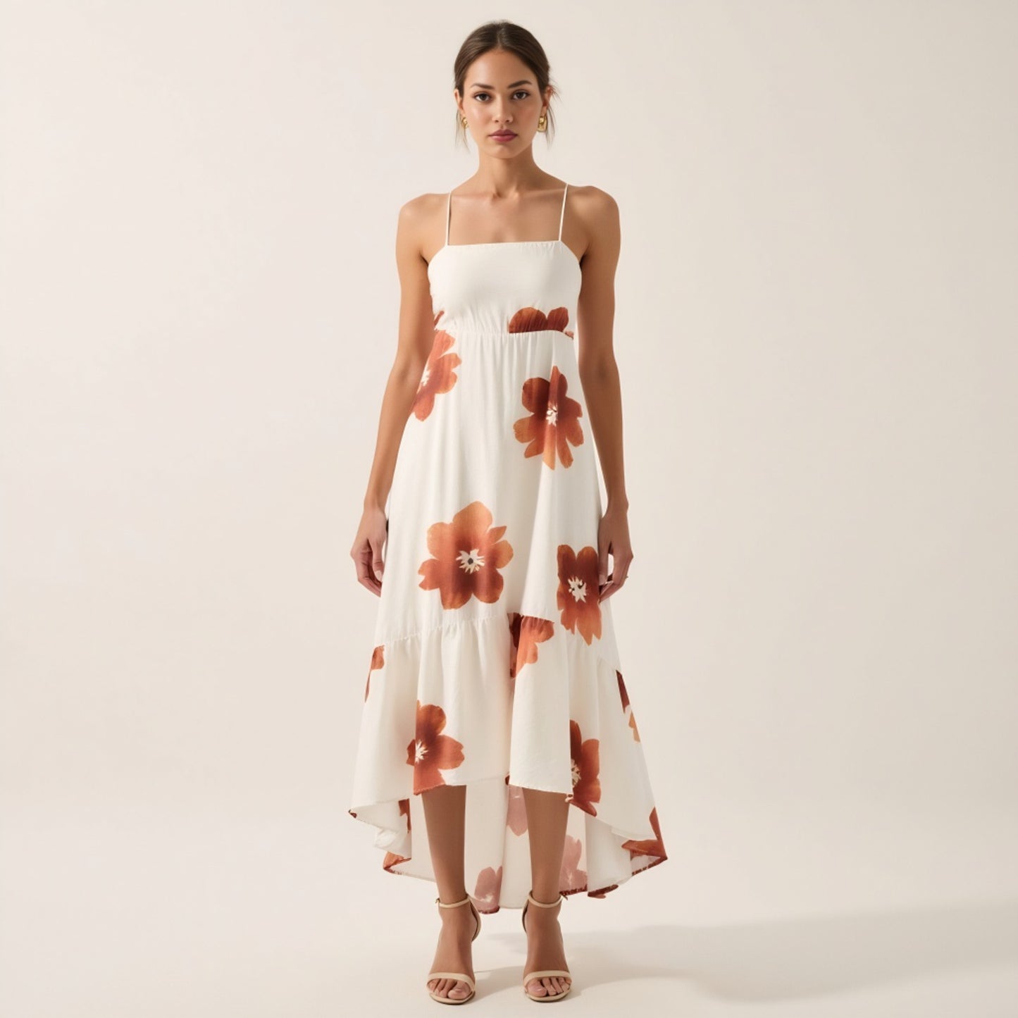 Strappy High Low Dress with Watercolor Floral Print and Smocked Back