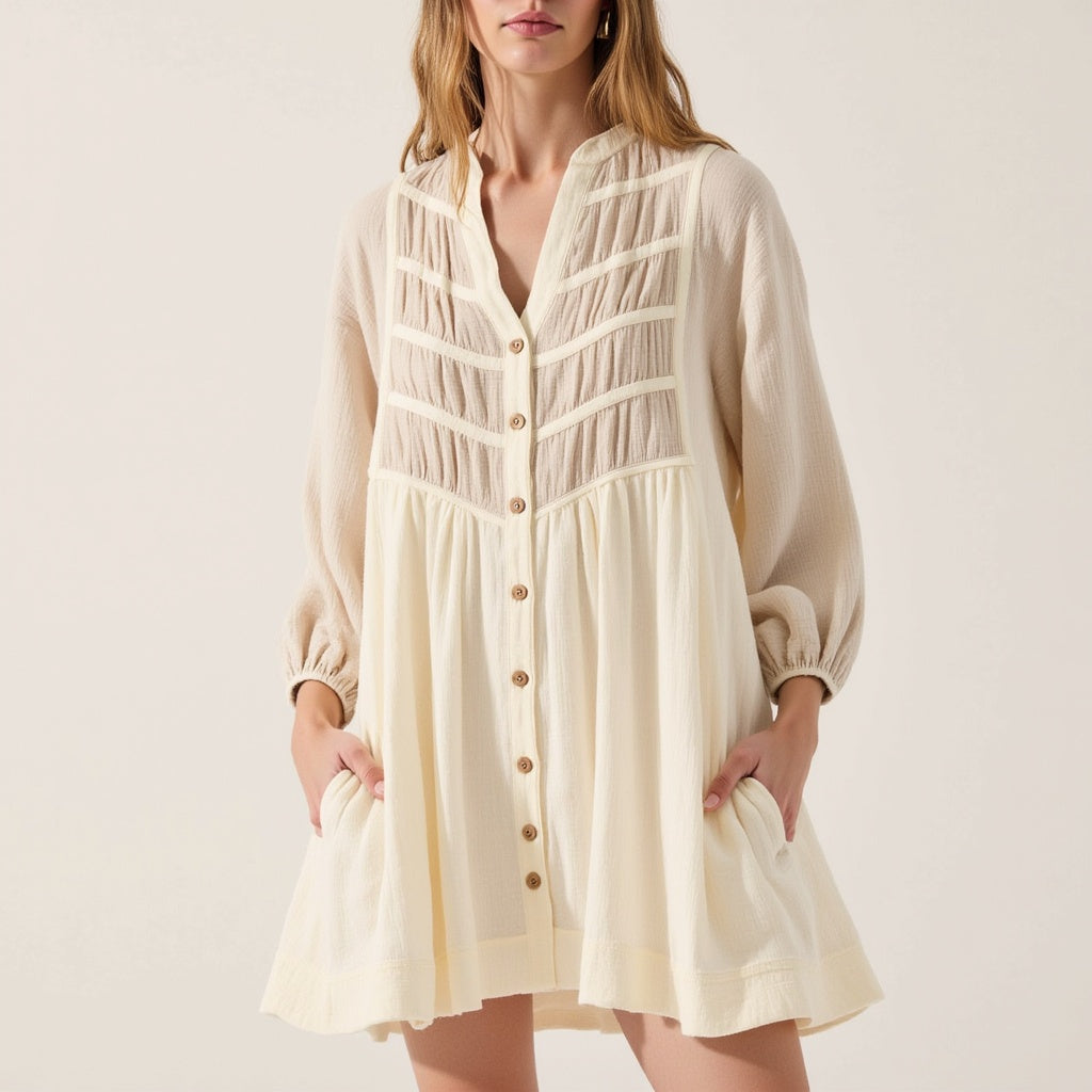 Textured Cotton Mini Shirt Dress with Sheer Paneling and Pintuck Detailing