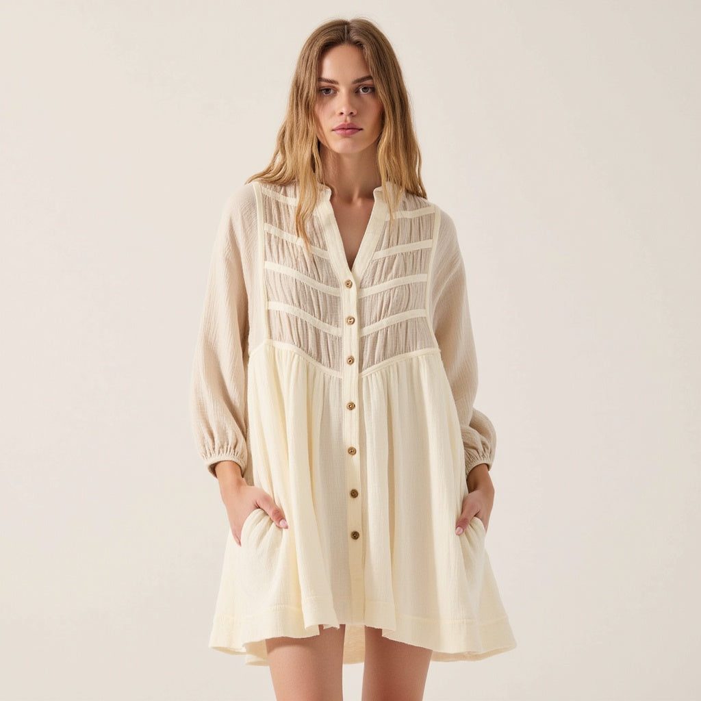 Textured Cotton Mini Shirt Dress with Sheer Paneling and Pintuck Detailing