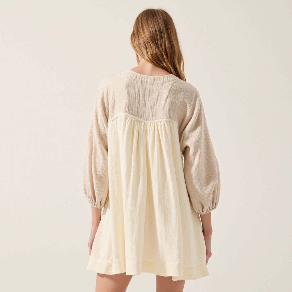 Textured Cotton Mini Shirt Dress with Sheer Paneling and Pintuck Detailing