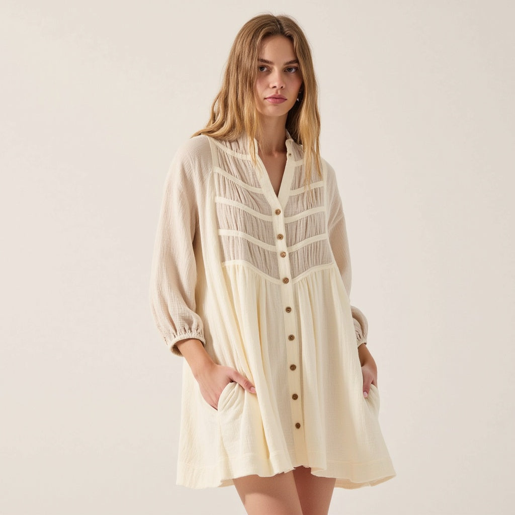 Textured Cotton Mini Shirt Dress with Sheer Paneling and Pintuck Detailing
