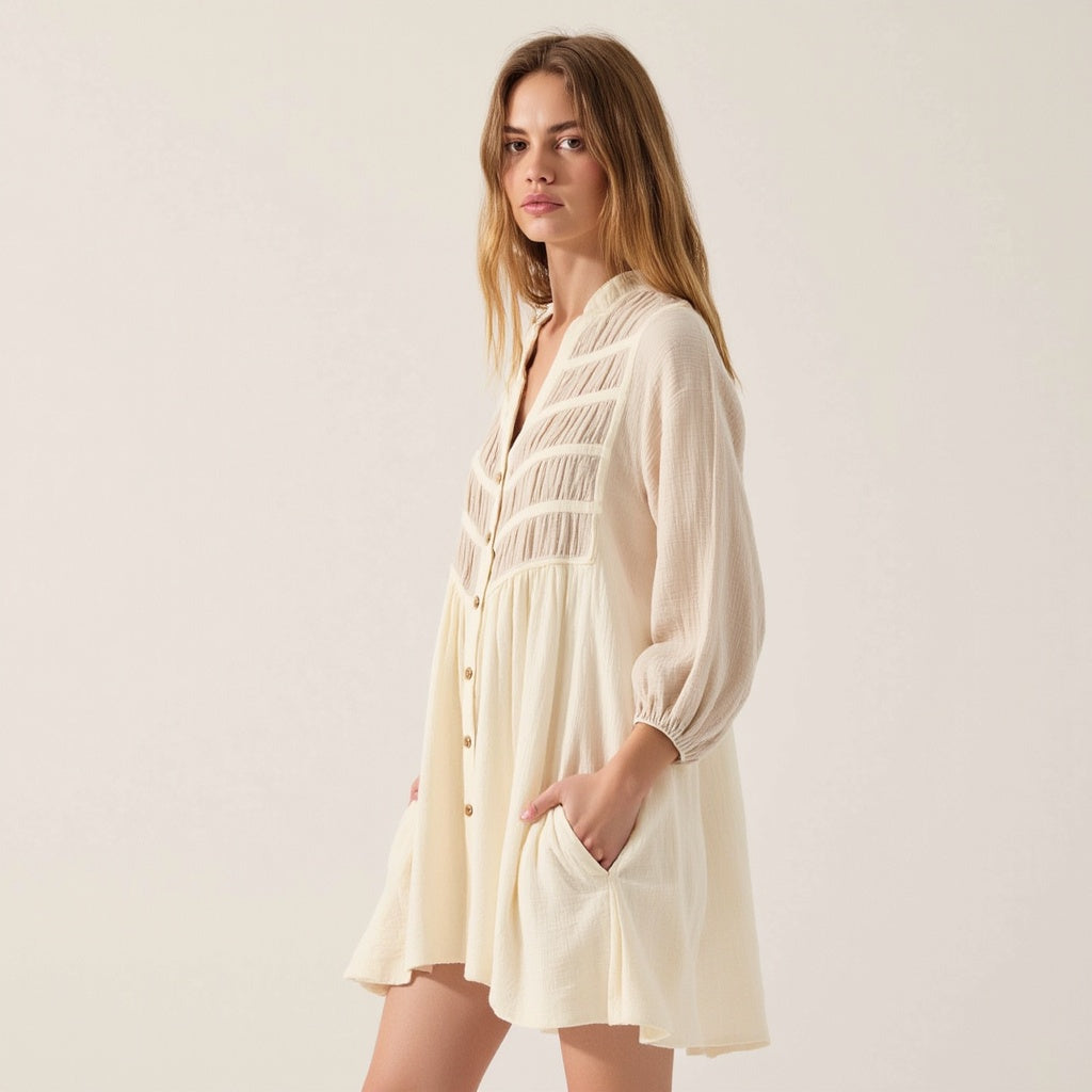 Textured Cotton Mini Shirt Dress with Sheer Paneling and Pintuck Detailing